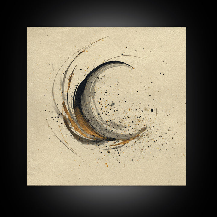 Crescent Moon Made from Elegant Ink Swashes Framed Canvas Print, Calligraphy Art, Japanese Decor, Living Room Decor, Script, CAL-1x1-21