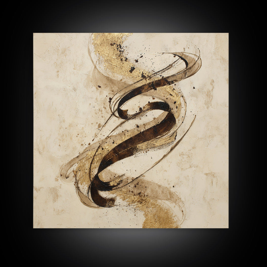 Gold Leaf Calligraphic Spiral on Plaster Surface Canvas Print, Calligraphy Art, Gallery Wall Set, Living Room Decor, Script, CAL-1x1-38