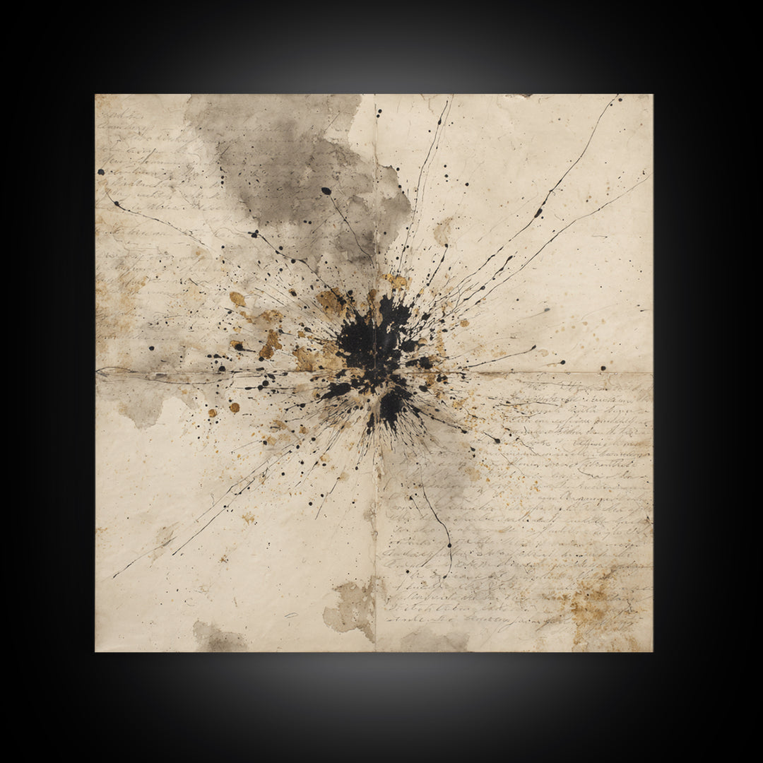 Ink Splatter and Long Brushstroke Composition Framed Canvas Print, Calligraphy Art, Art Print, Living Room Decor, Script, CAL-1x1-40