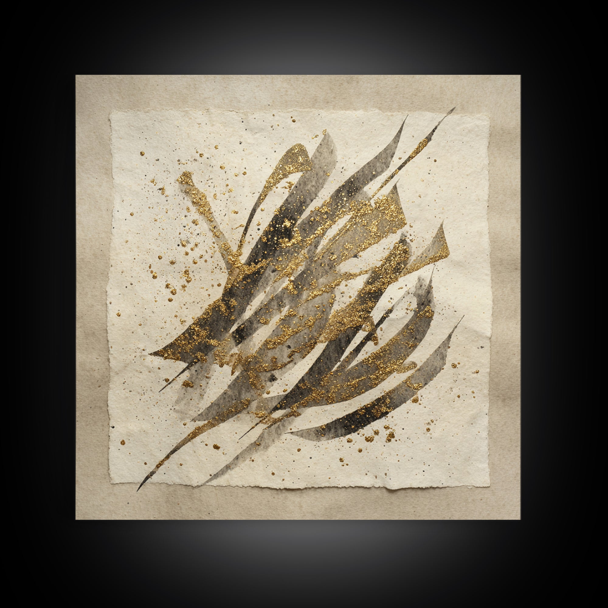 Abstract Gold Calligraphic Strokes on Ivory Paper Canvas Print, Calligraphy Art, Scripture Art, Living Room Decor, Script, CAL-1x1-50