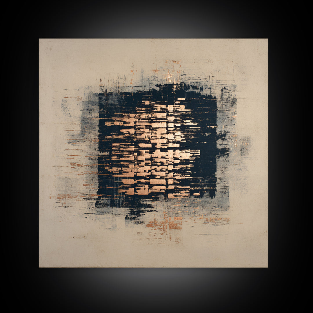 Layered Copper Ink Strokes on Dark Navy Framed Canvas Print, Calligraphy Art, Custom Art, Living Room Decor, Fine Art, Script, CAL-1x1-6