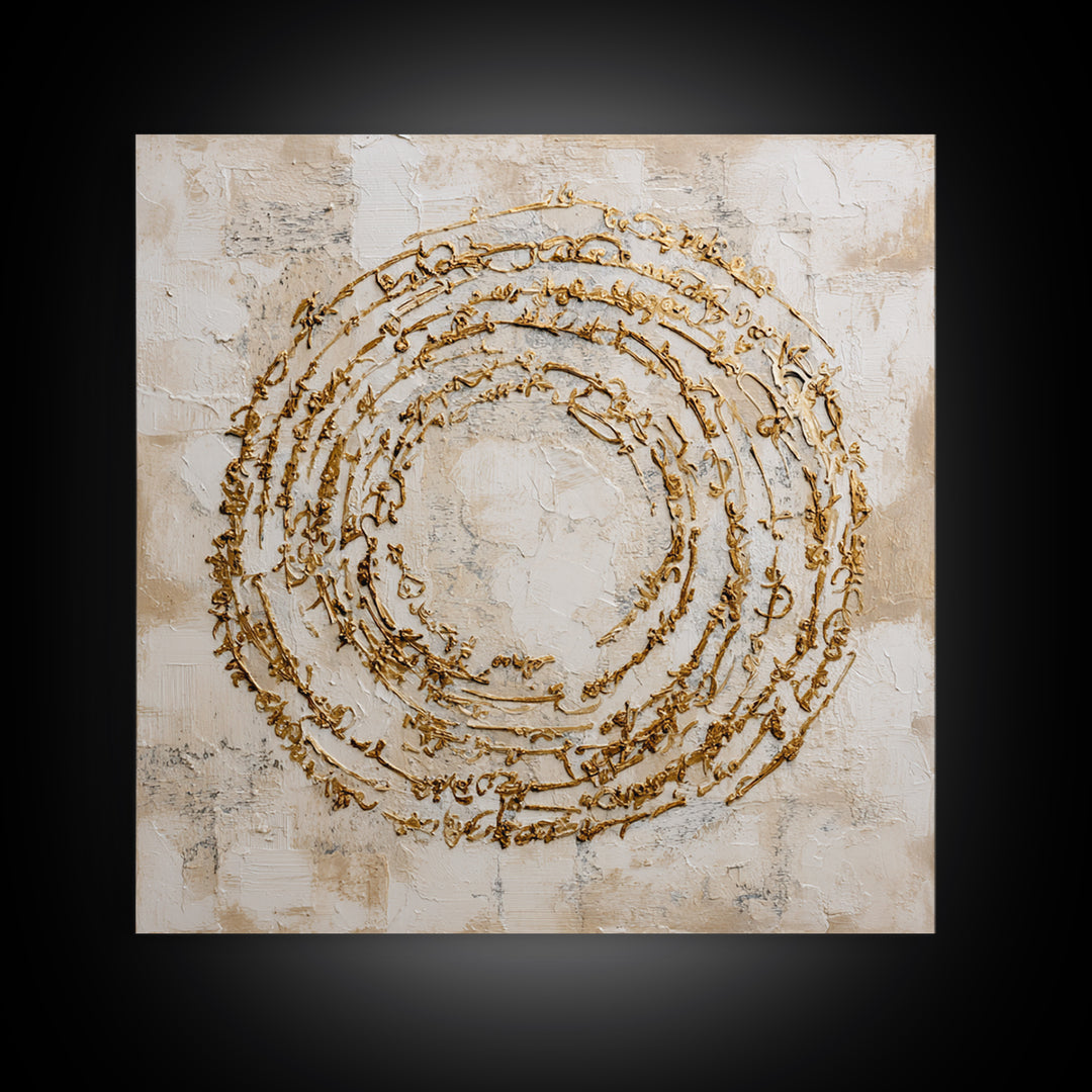 Gold Leaf Calligraphic Spiral on Plaster Surface Canvas Print, Calligraphy Art, Gallery Wall Set, Living Room Decor, Script, CAL-1x1-62