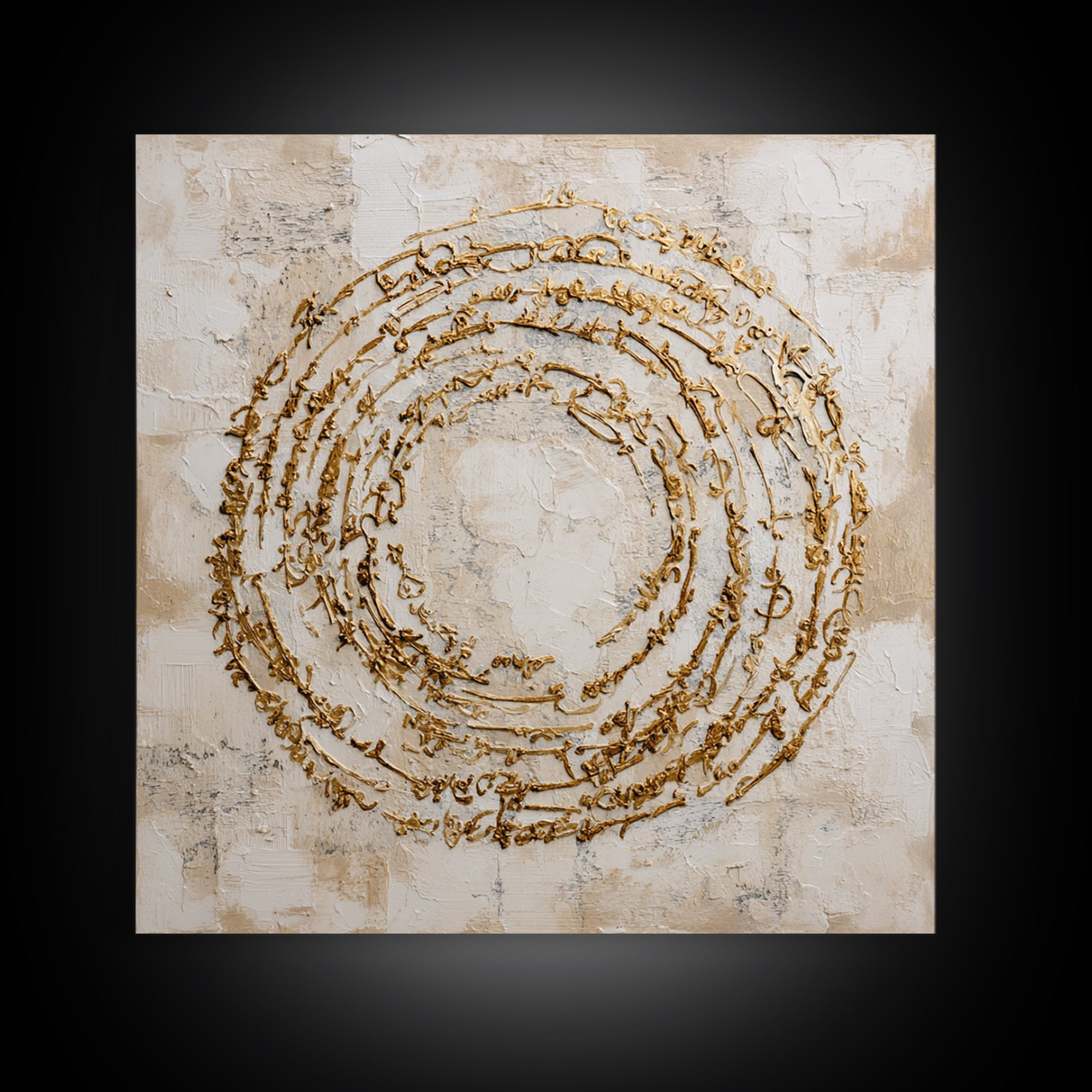 Gold Leaf Calligraphic Spiral on Plaster Surface Canvas Print, Calligraphy Art, Gallery Wall Set, Living Room Decor, Script, CAL-1x1-62