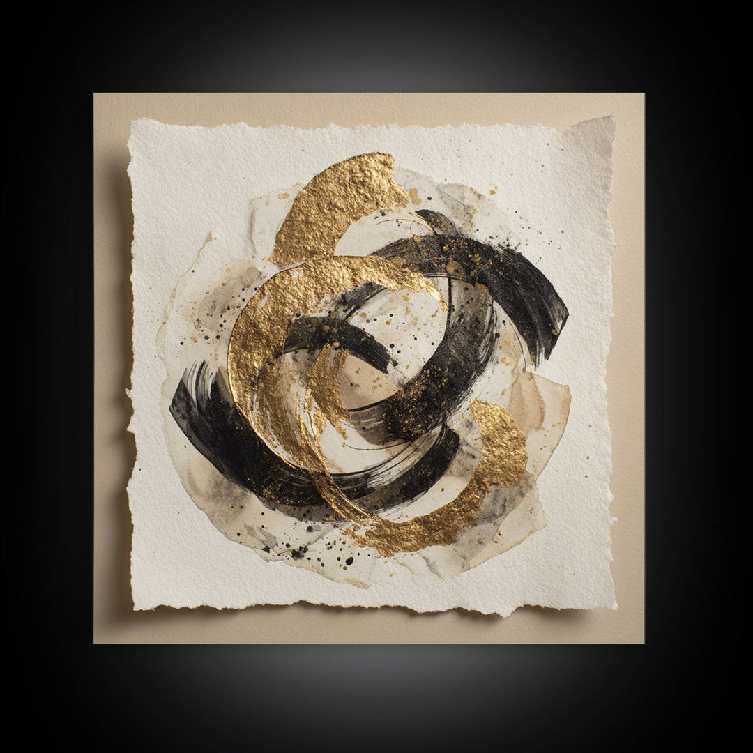 Abstract Gold Calligraphic Strokes on Ivory Paper Canvas Print, Calligraphy Art, Spiritual Wall Art, Living Room Decor, Script, CAL-1x1-74