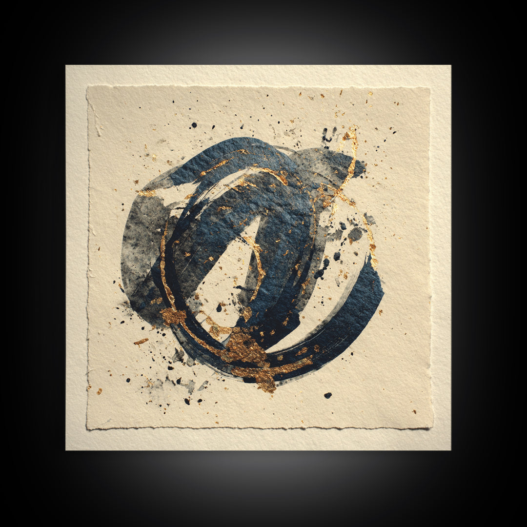 Layered Copper Ink Strokes on Dark Navy Framed Canvas Print, Calligraphy Art, Gallery Decor, Living Room Decor, Script, CAL-1x1-78