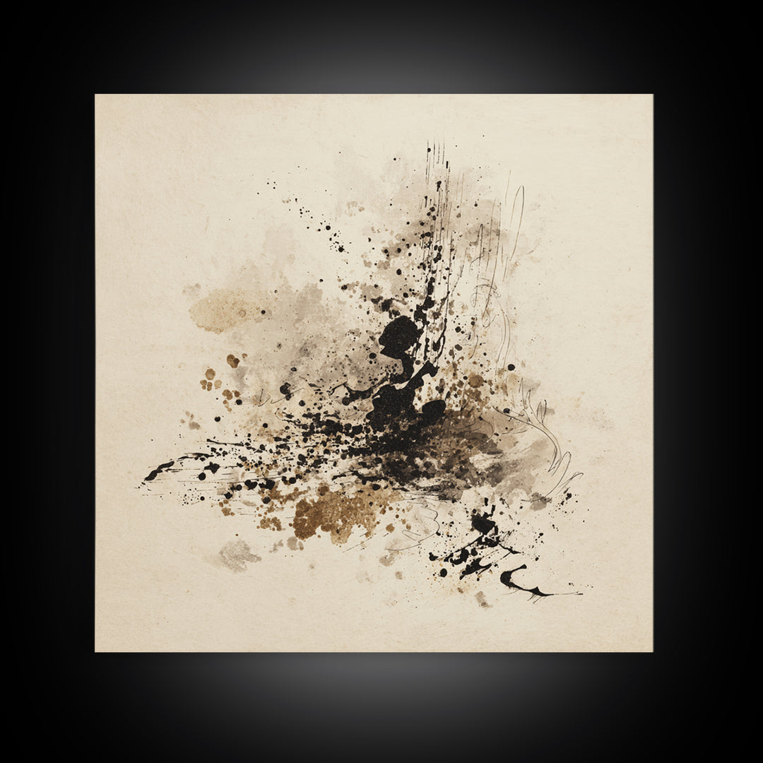 Ink Splatter and Long Brushstroke Composition Canvas Print, Calligraphy Art, Textured Painting, Living Room Decor, Script, CAL-1x1-88