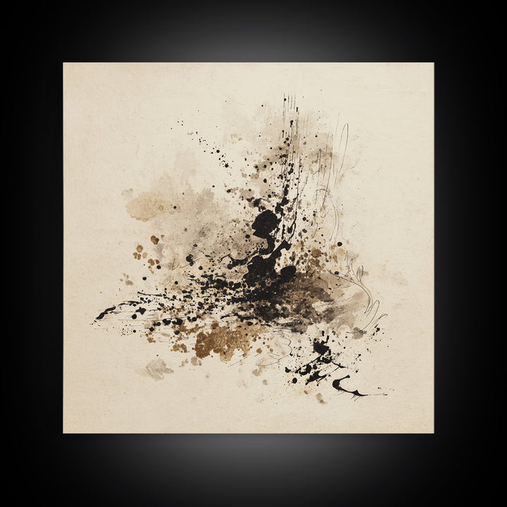 Ink Splatter and Long Brushstroke Composition Canvas Print, Calligraphy Art, Textured Painting, Living Room Decor, Script, CAL-1x1-88