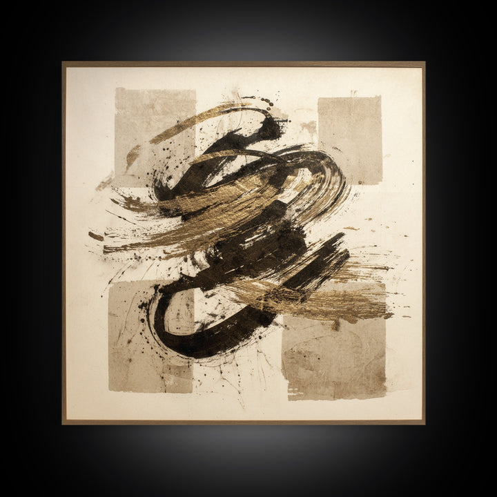 Abstract Gold Calligraphic Strokes on Ivory Paper Canvas Print, Calligraphy Art, Boho Decor, Living Room Decor, Script, CAL-1x1-98