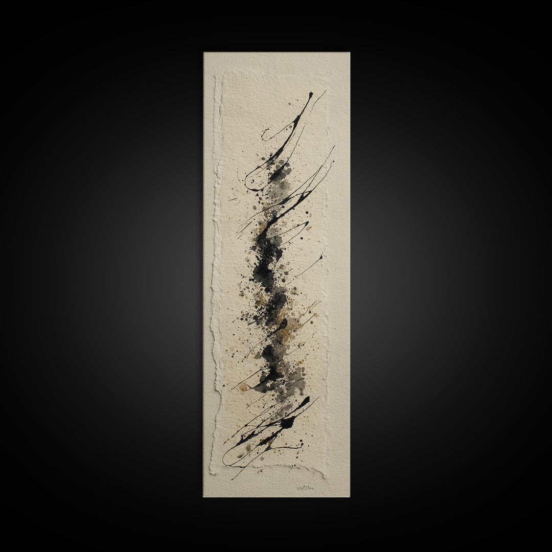 Ink Splatter and Long Brushstroke Composition Framed Canvas Print, Calligraphy Art, Fine Art Print, Living Room Decor, Script, CAL-1x3-4