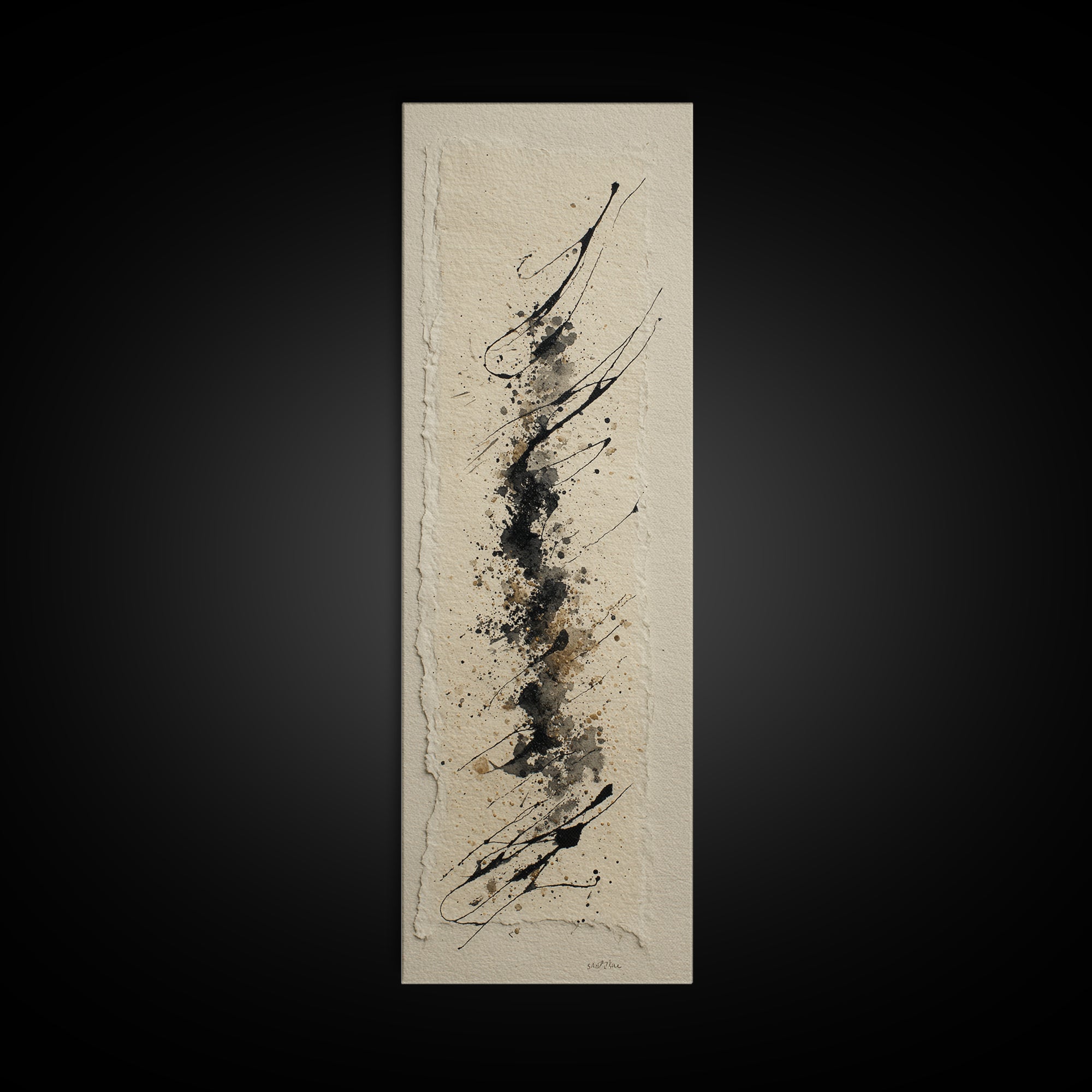 Ink Splatter and Long Brushstroke Composition Framed Canvas Print, Calligraphy Art, Fine Art Print, Living Room Decor, Script, CAL-1x3-4