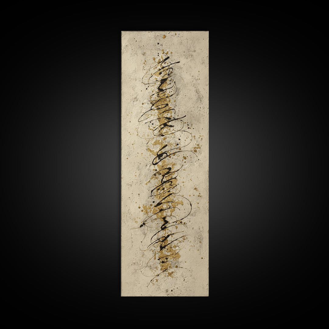 Gold Leaf Calligraphic Spiral on Plaster Surface Canvas Print, Calligraphy Art, Quote Wall Art, Living Room Decor, Script, CAL-1x3-50
