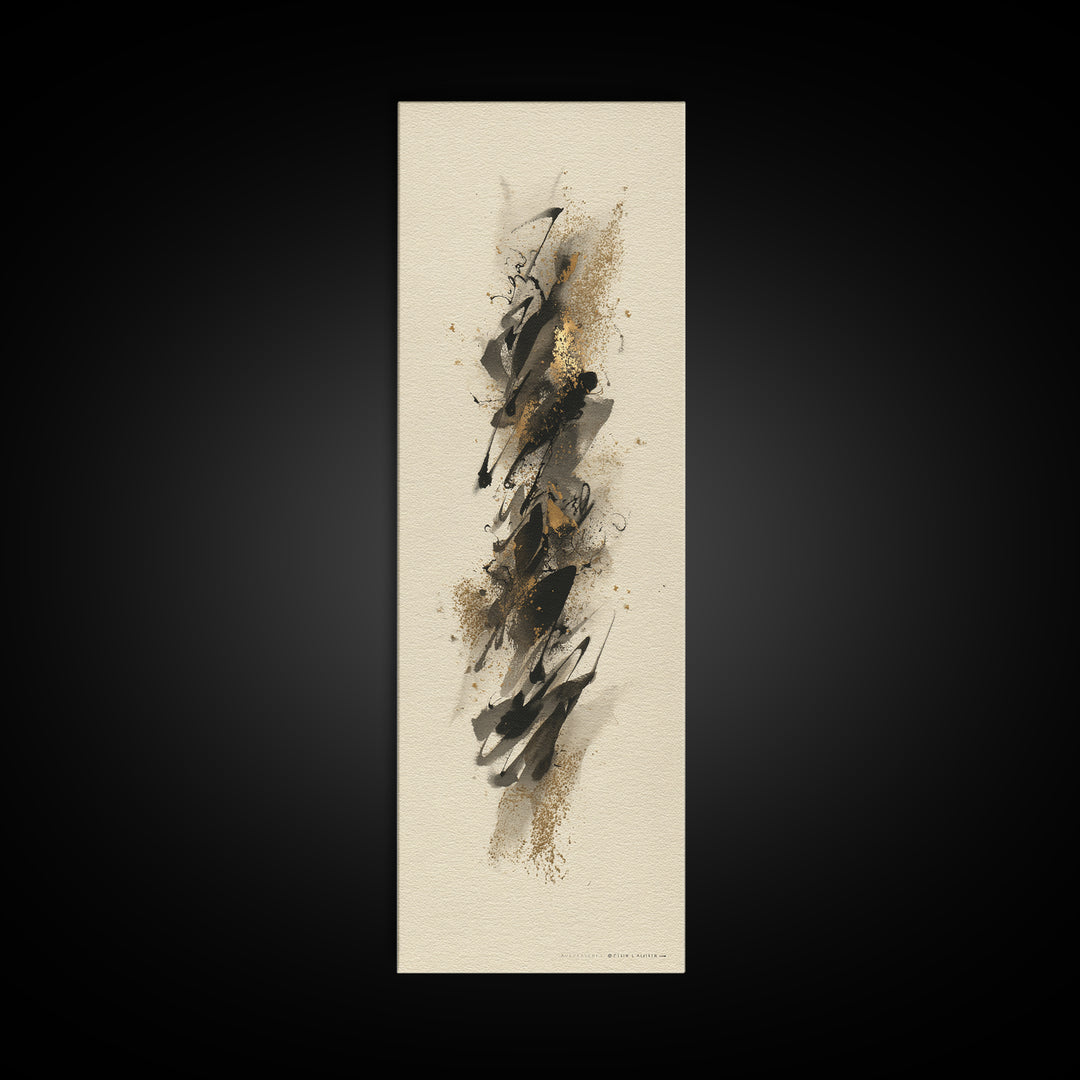 Abstract Gold Calligraphic Strokes on Ivory Paper Canvas Print, Calligraphy Art, Neutral Decor, Living Room Decor, Script, CAL-1x3-62