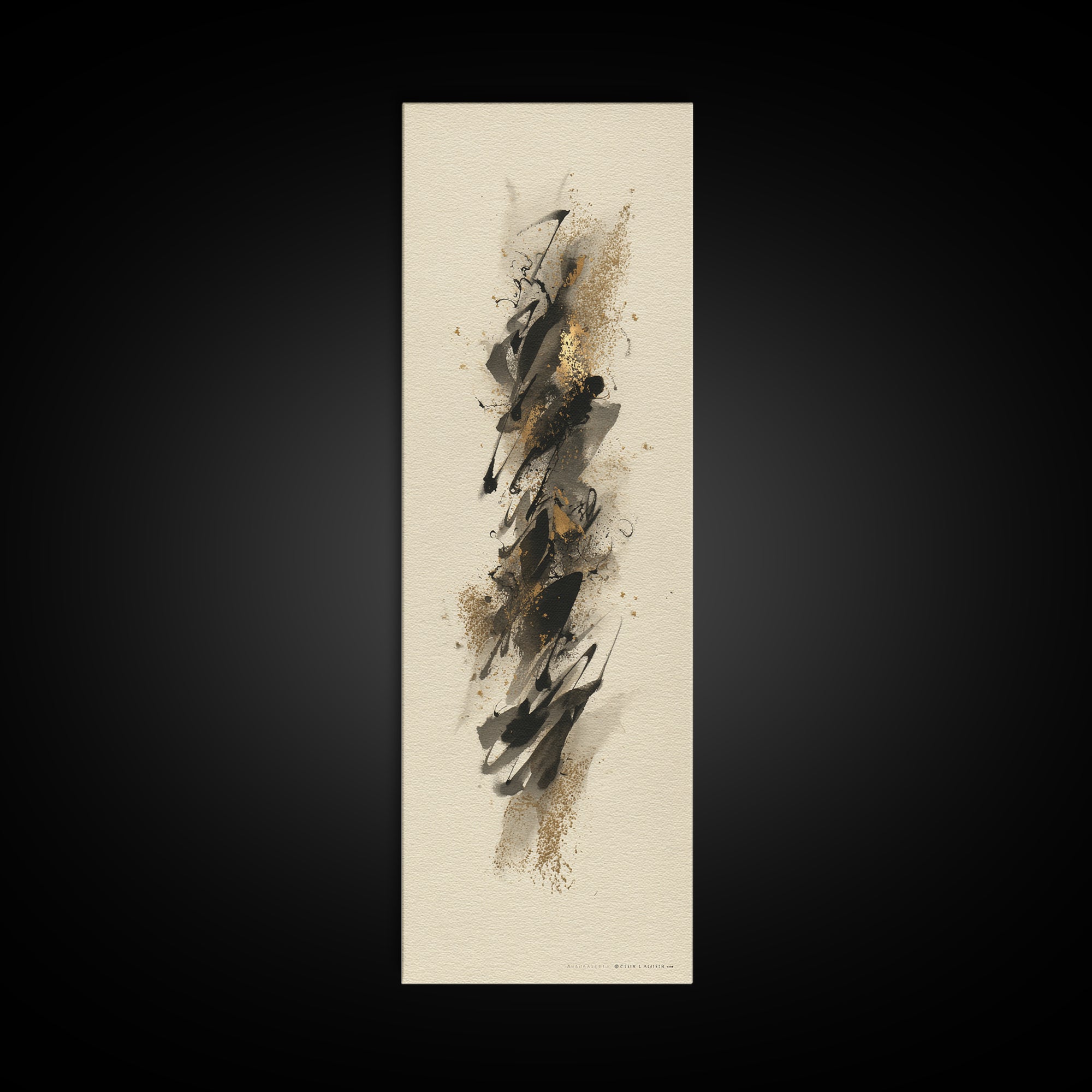 Abstract Gold Calligraphic Strokes on Ivory Paper Canvas Print, Calligraphy Art, Neutral Decor, Living Room Decor, Script, CAL-1x3-62