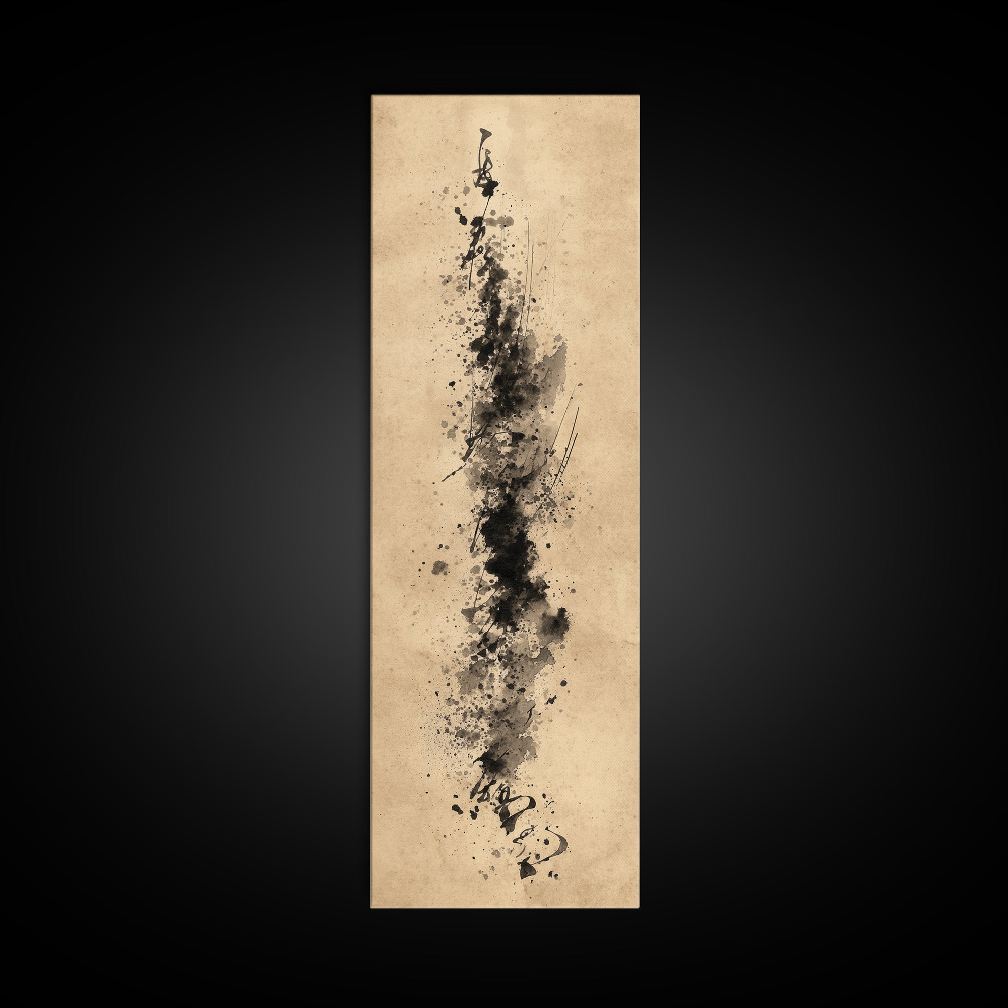 Ink Splatter and Long Brushstroke Composition Framed Canvas Print, Calligraphy Art, Calligraphy, Living Room Decor, Script, CAL-1x3-76
