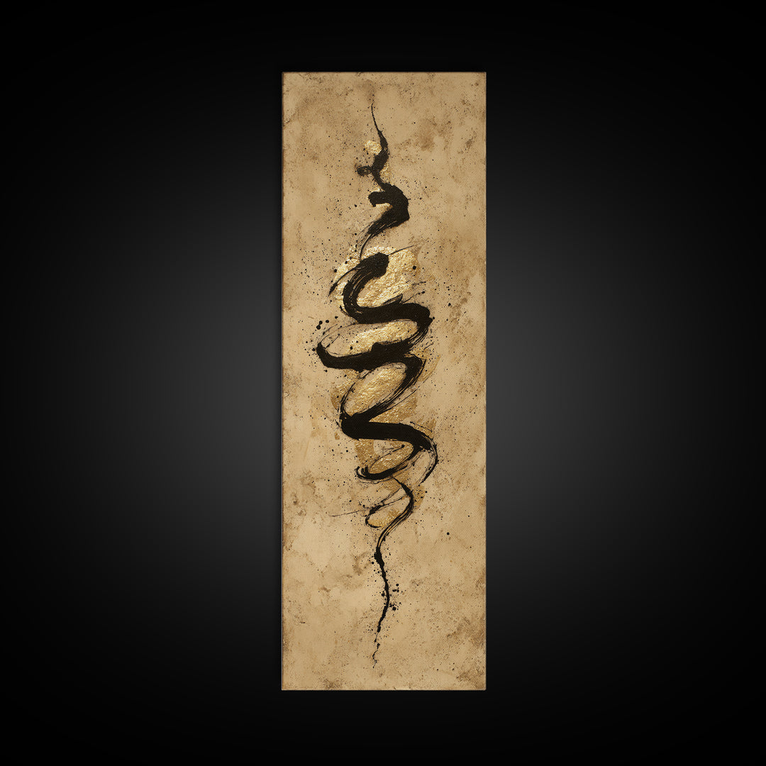 Gold Leaf Calligraphic Spiral on Plaster Surface Canvas Print, Calligraphy Art, Statement Artwork, Living Room Decor, Script, CAL-1x3-98