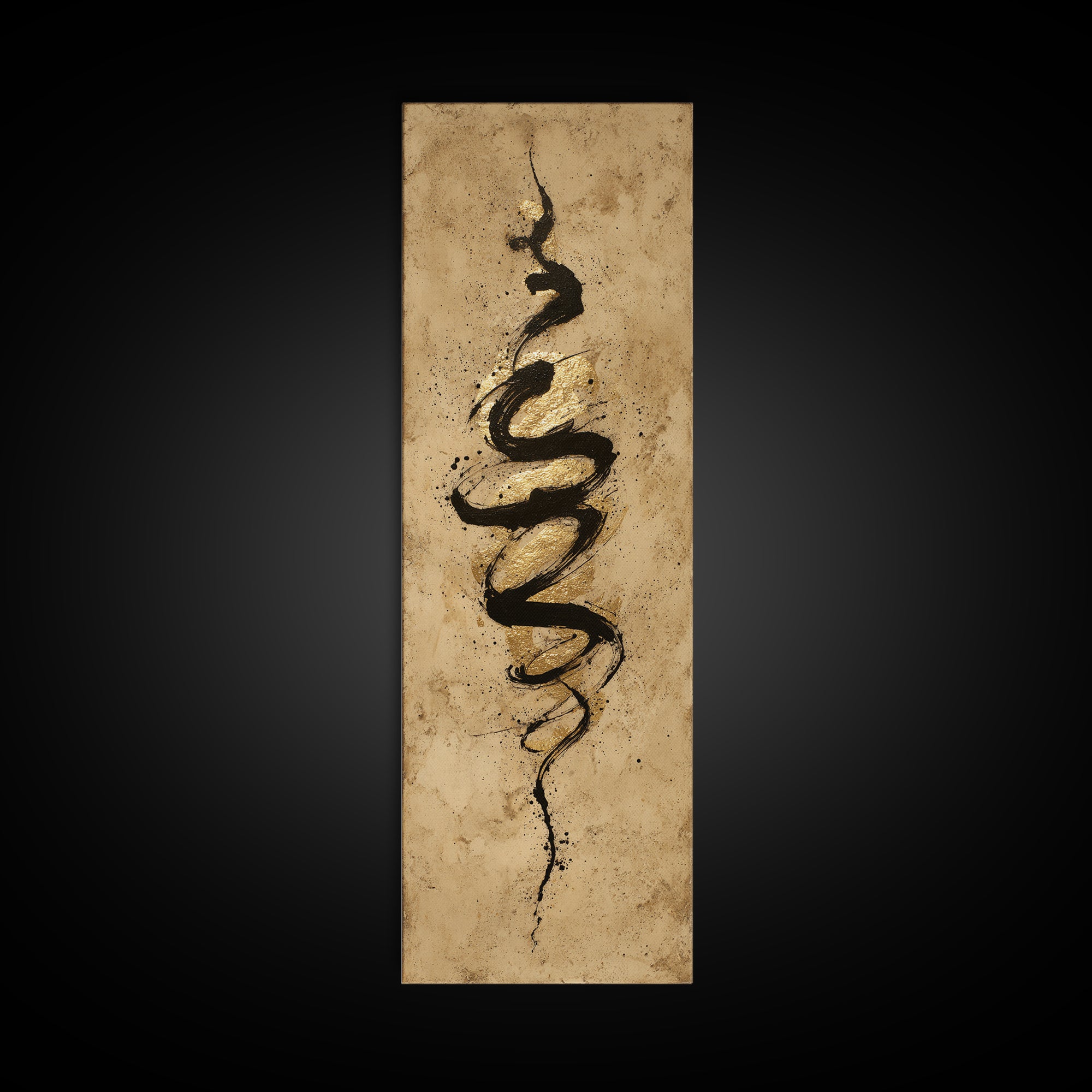 Gold Leaf Calligraphic Spiral on Plaster Surface Canvas Print, Calligraphy Art, Statement Artwork, Living Room Decor, Script, CAL-1x3-98