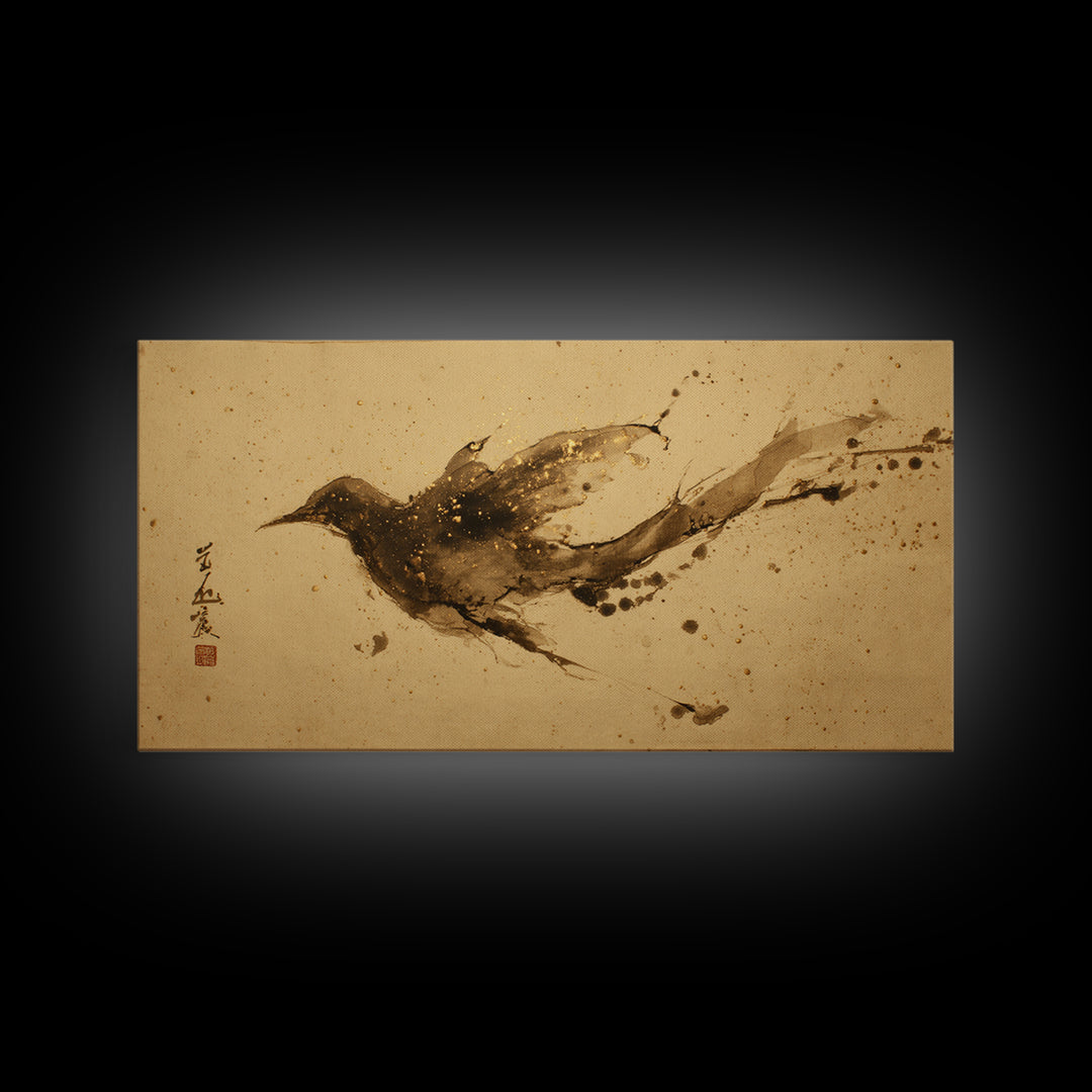 Calligraphic Bird Shape Formed from Flowing Lines Framed Canvas Print, Calligraphy Art, Modern Art, Living Room Decor, Script, CAL-2x1-100