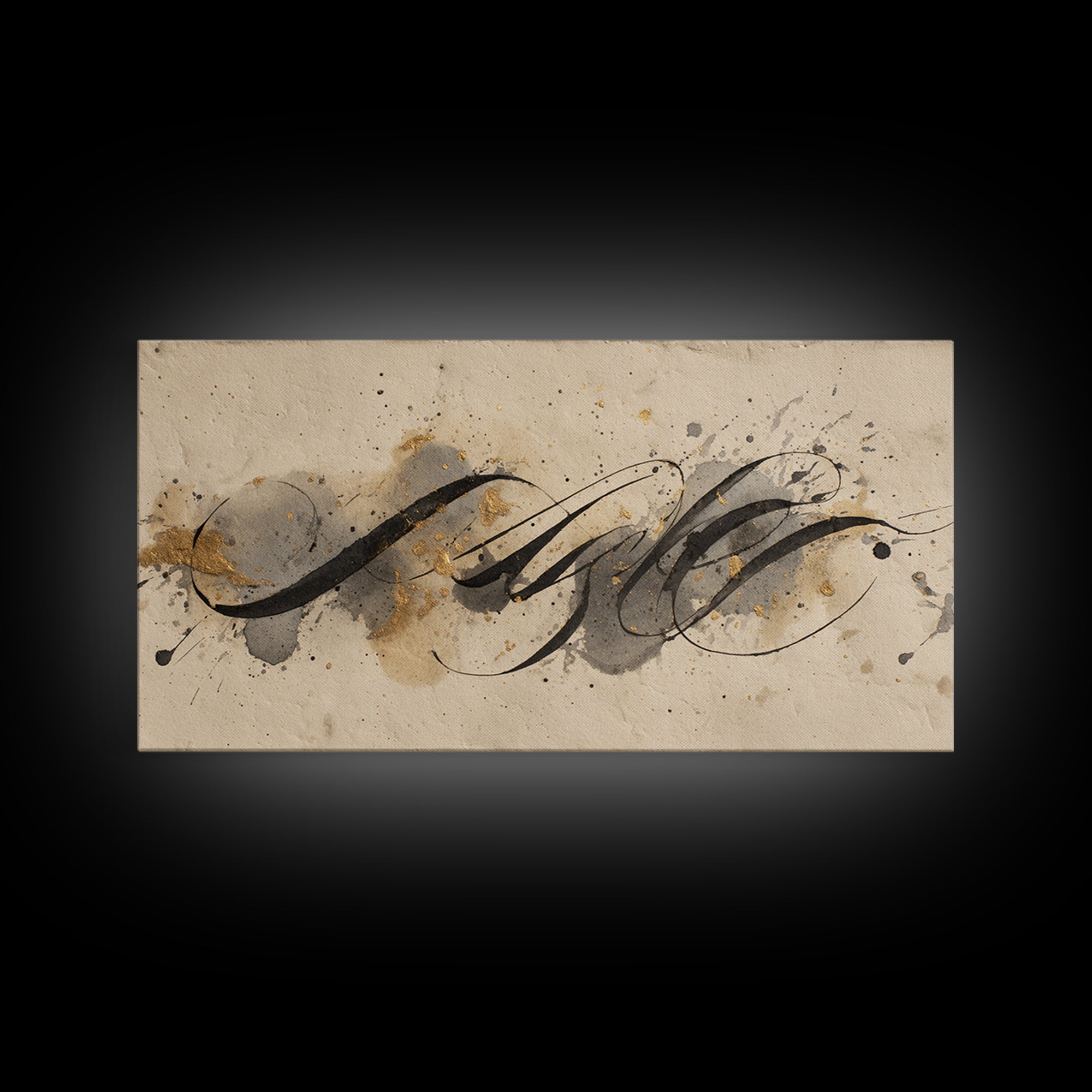 Ink Splatter and Long Brushstroke Composition Framed Canvas Print, Calligraphy Art, Art Print, Living Room Decor, Script, CAL-2x1-12
