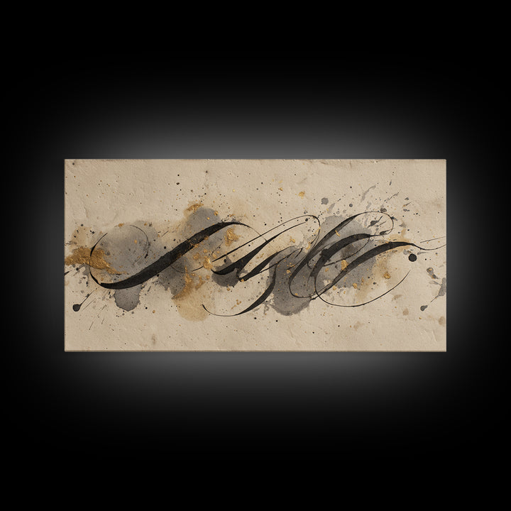Ink Splatter and Long Brushstroke Composition Framed Canvas Print, Calligraphy Art, Art Print, Living Room Decor, Script, CAL-2x1-12