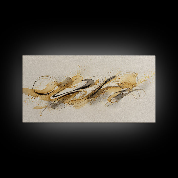 Abstract Gold Calligraphic Strokes on Ivory Paper Canvas Print, Calligraphy Art, Boho Decor, Living Room Decor, Script, CAL-2x1-22