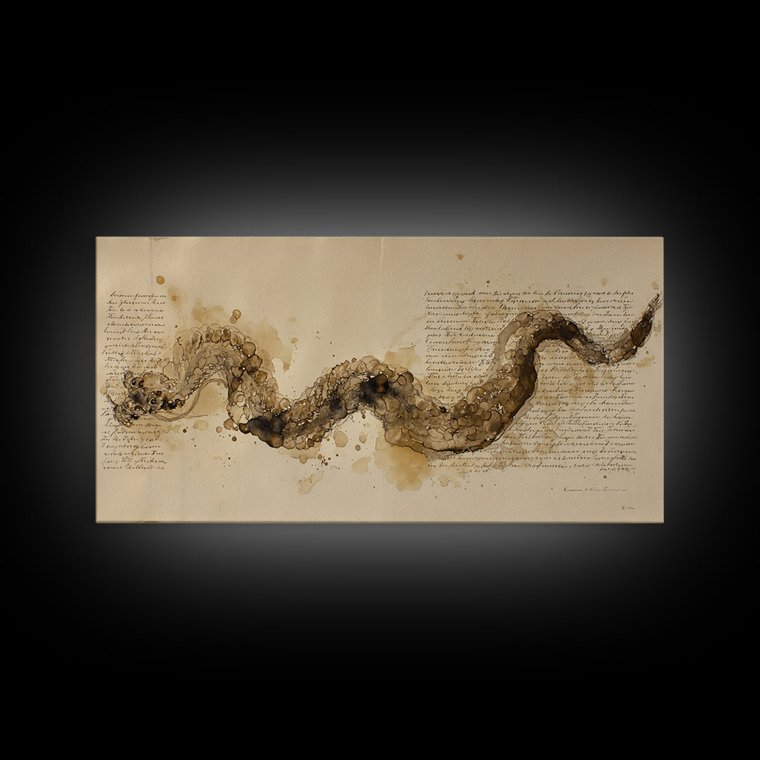 Ink Wash Dragon Curve Framed Canvas Print, Calligraphy Art, Art, Living Room Decor, Fine Art, Script, Unique Wall Art, CAL-2x1-29