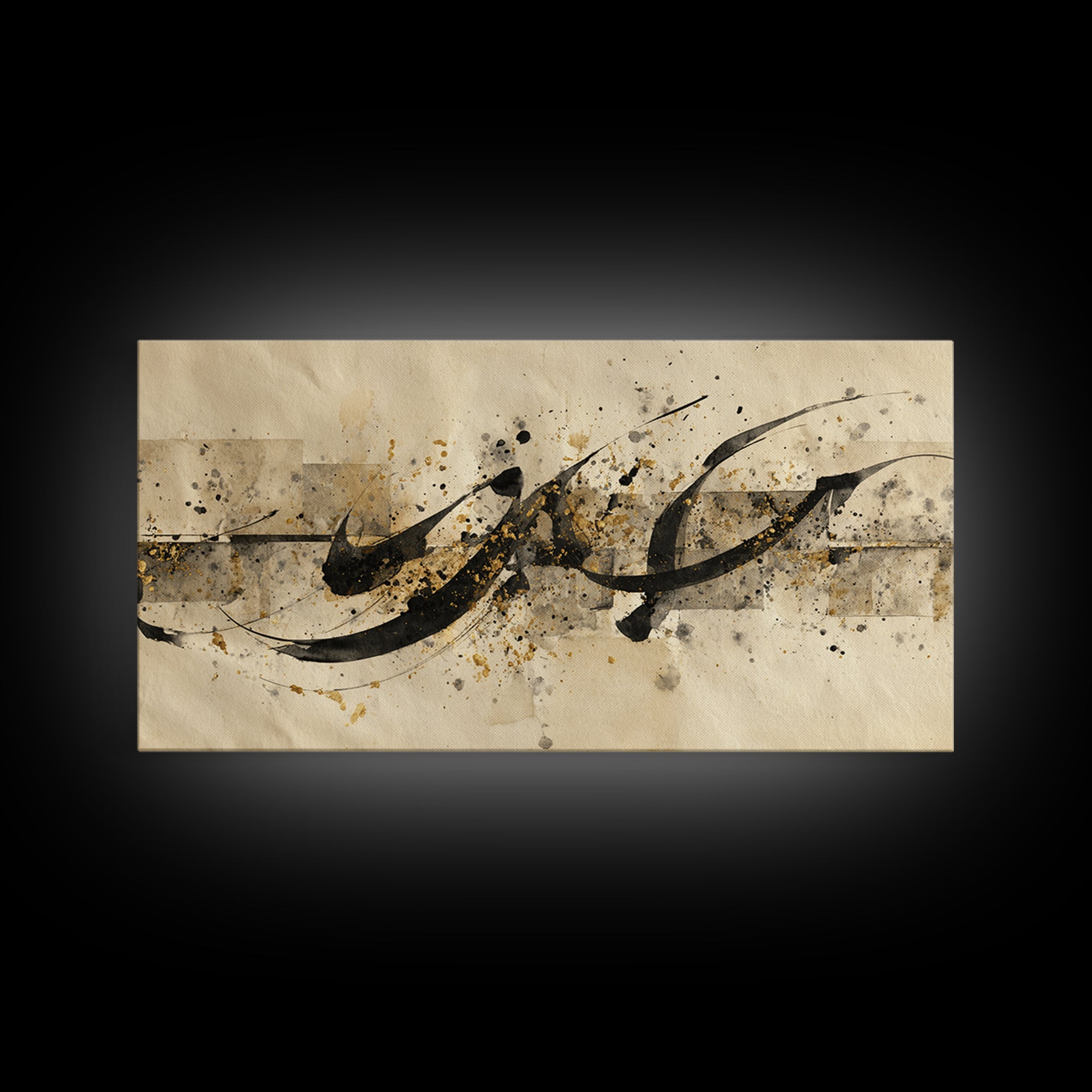 Minimal Black Calligraphy Rhythm Framed Canvas Print, Calligraphy Art, Digital Print, Living Room Decor, Fine Art, Script, CAL-2x1-3
