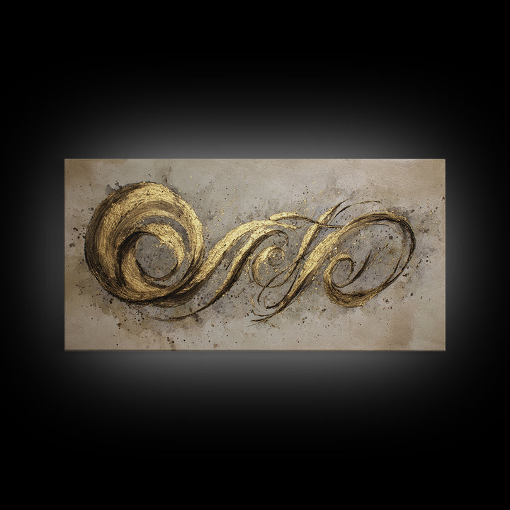 Gold Leaf Calligraphic Spiral on Plaster Surface Canvas Print, Calligraphy Art, Art Print, Living Room Decor, Script, CAL-2x1-34