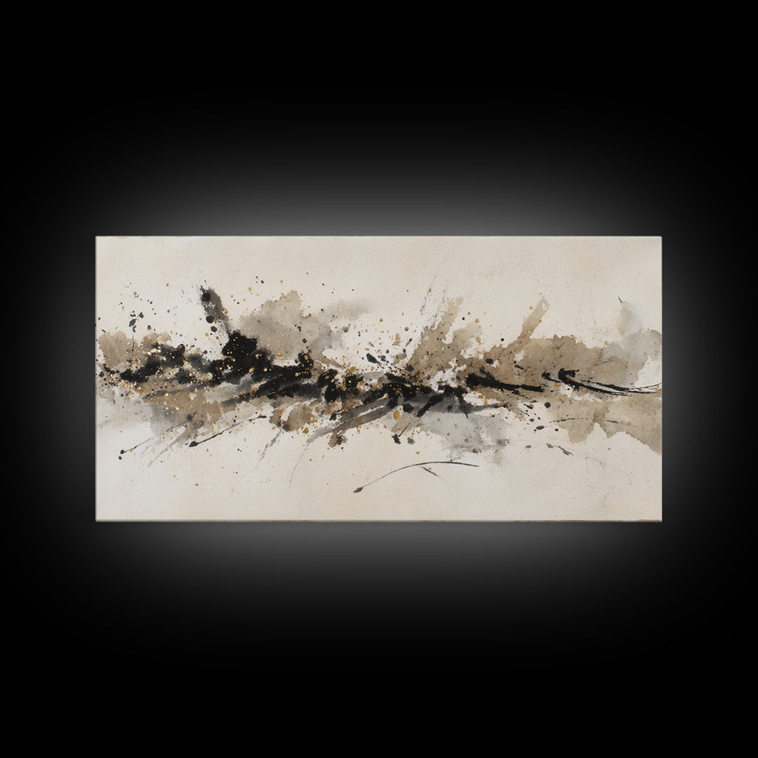 Ink Splatter and Long Brushstroke Composition Canvas Print, Calligraphy Art, Wall Art, Living Room Decor, Fine Art, Script, CAL-2x1-36