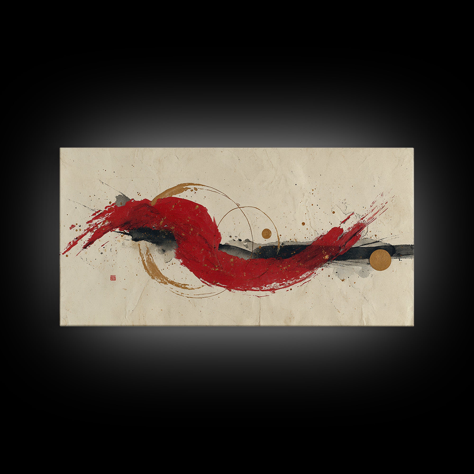 Bold Red Brushstroke Seal Abstraction Canvas Print, Calligraphy Art, Painting, Living Room Decor, Script, Japanese Art, CAL-2x1-39