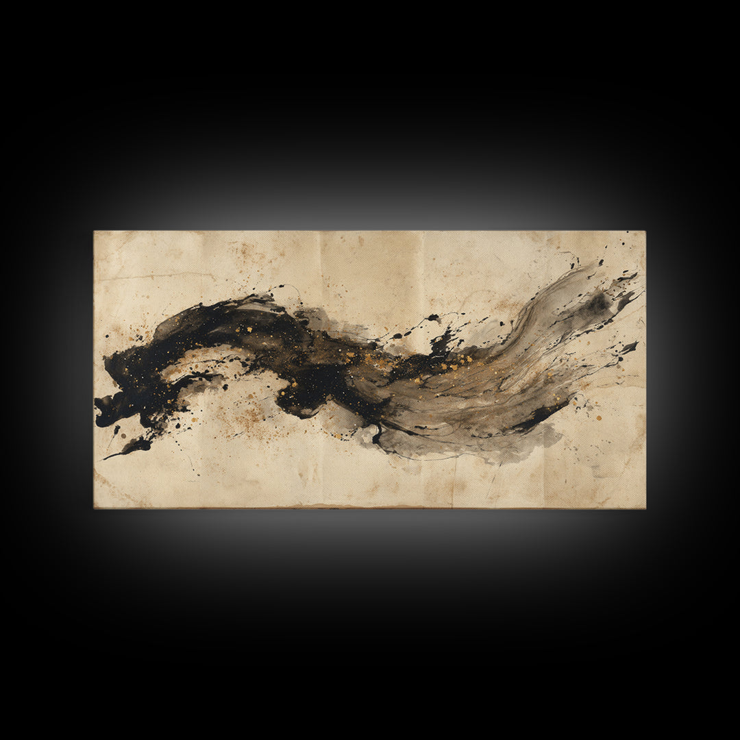 Large Sweeping Black Ink Gesture Like a Framed Canvas Print, Calligraphy Art, Prints, Living Room Decor, Fine Art, Script, CAL-2x1-45