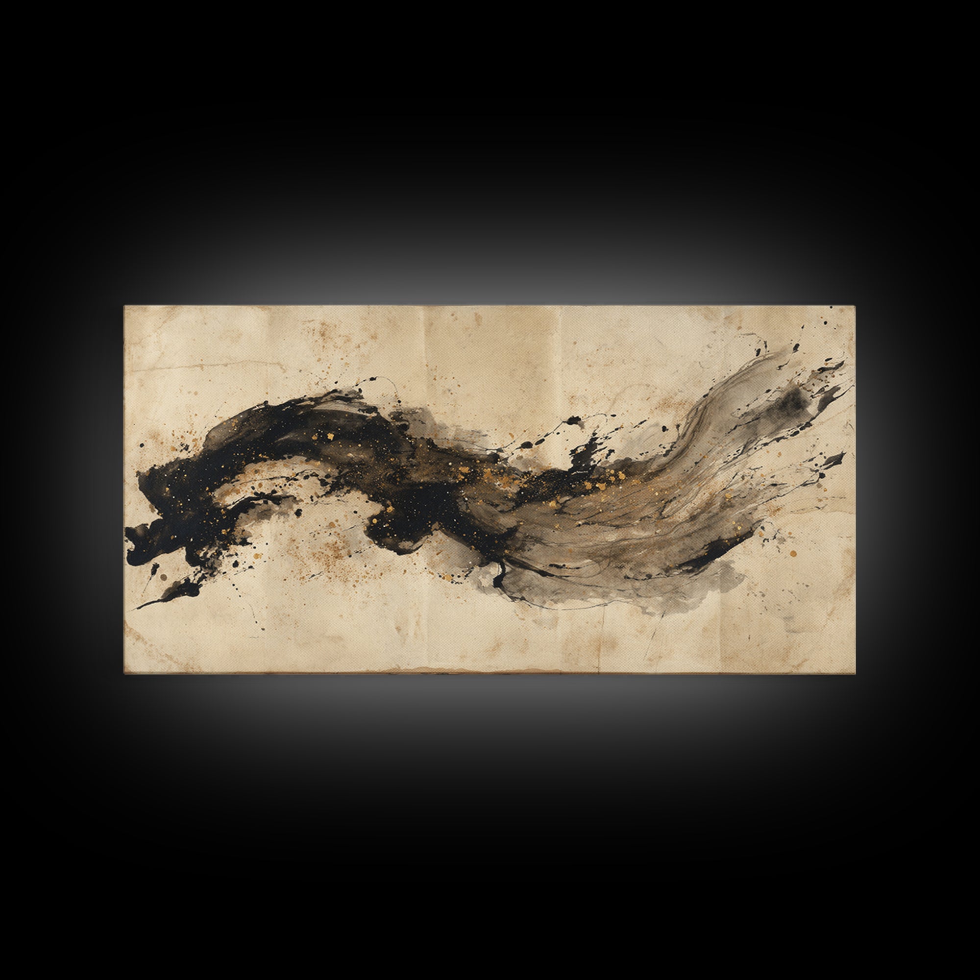 Large Sweeping Black Ink Gesture Like a Framed Canvas Print, Calligraphy Art, Prints, Living Room Decor, Fine Art, Script, CAL-2x1-45