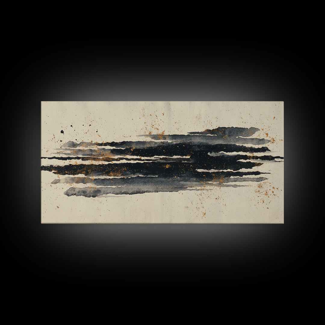 Layered Copper Ink Strokes on Dark Navy Framed Canvas Print, Calligraphy Art, Minimalist Decor, Living Room Decor, Script, CAL-2x1-50
