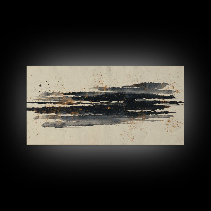 Layered Copper Ink Strokes on Dark Navy Framed Canvas Print, Calligraphy Art, Minimalist Decor, Living Room Decor, Script, CAL-2x1-50