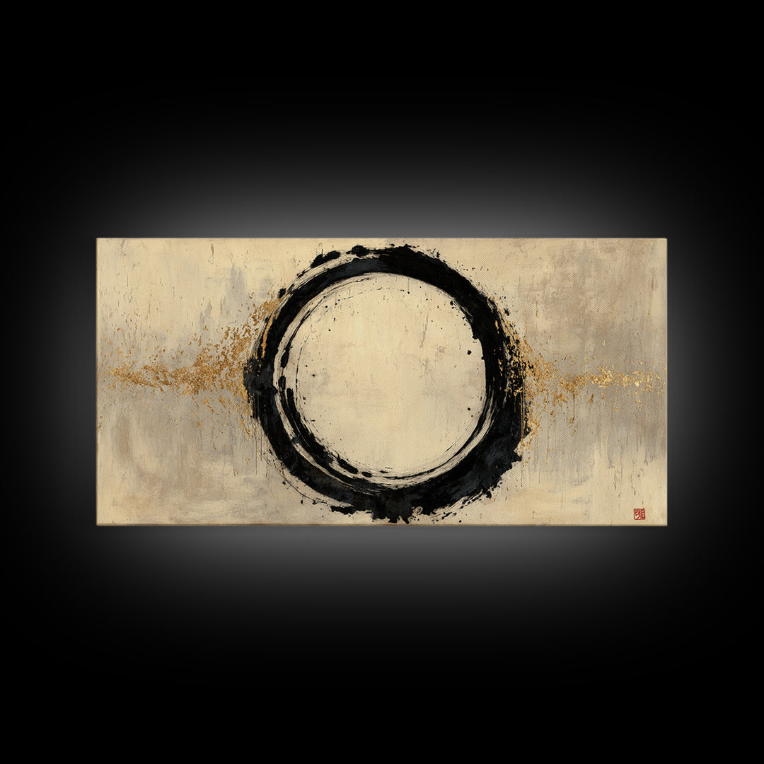 Japanese Brush Mark Circle Framed Canvas Print, Calligraphy Art, Printable Wall Art, Living Room Decor, Fine Art, Script, CAL-2x1-72