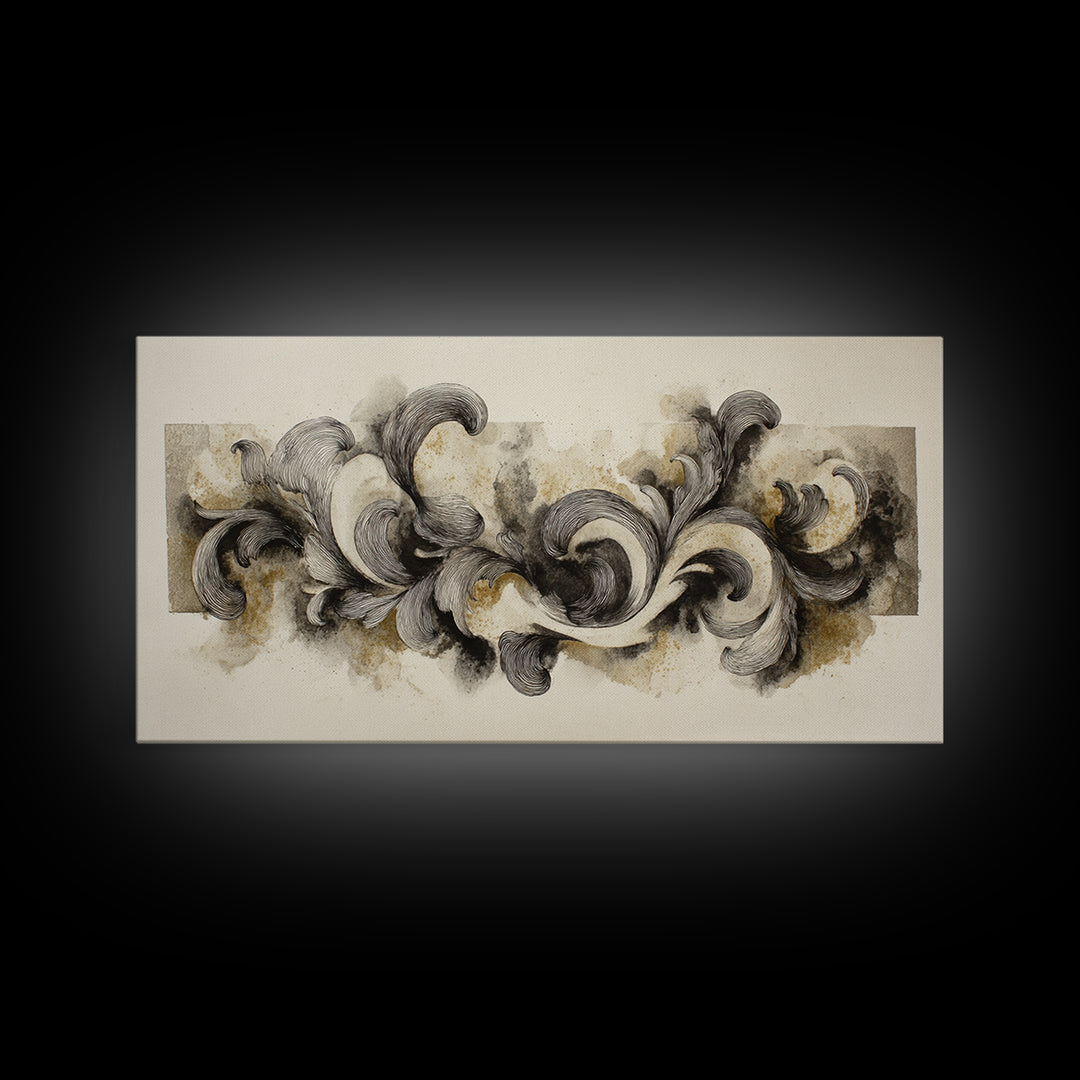 Baroque Scrollwork Made from Looping Pen Strokes Framed Canvas Print, Calligraphy Art, Japanese Art, Living Room Decor, Script, CAL-2x1-80