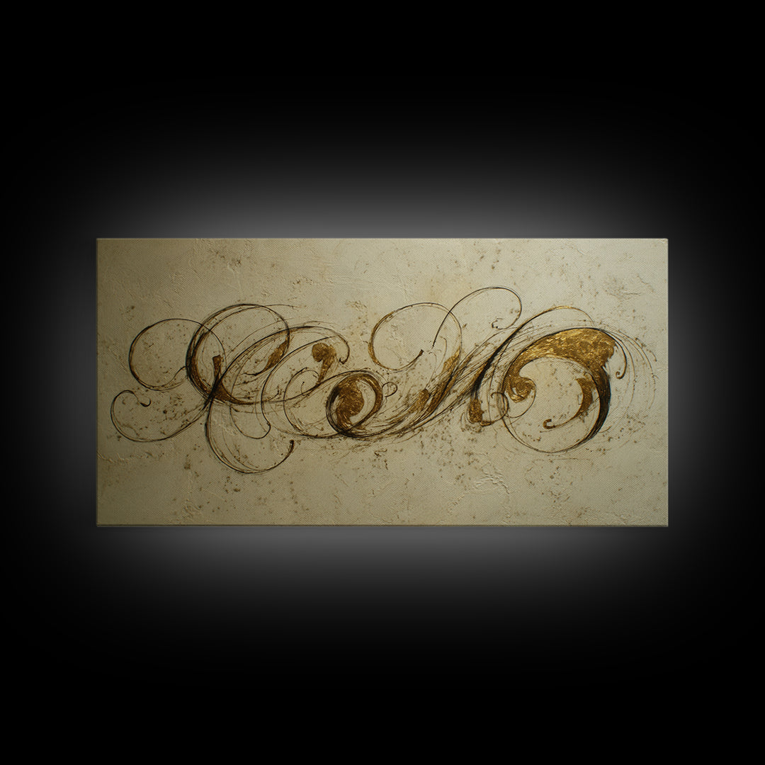 Gold Leaf Calligraphic Spiral on Plaster Surface Canvas Print, Calligraphy Art, Wall Art, Living Room Decor, Watercolor Art, CAL-2x1-82