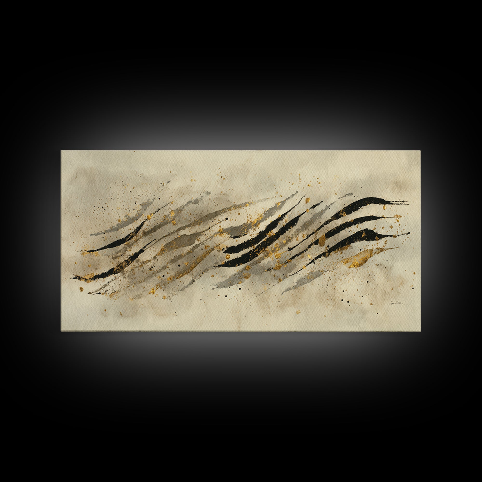 Abstract Gold Calligraphic Strokes on Ivory Paper Canvas Print, Calligraphy Art, Wall Decor, Living Room Decor, Script, CAL-2x1-94