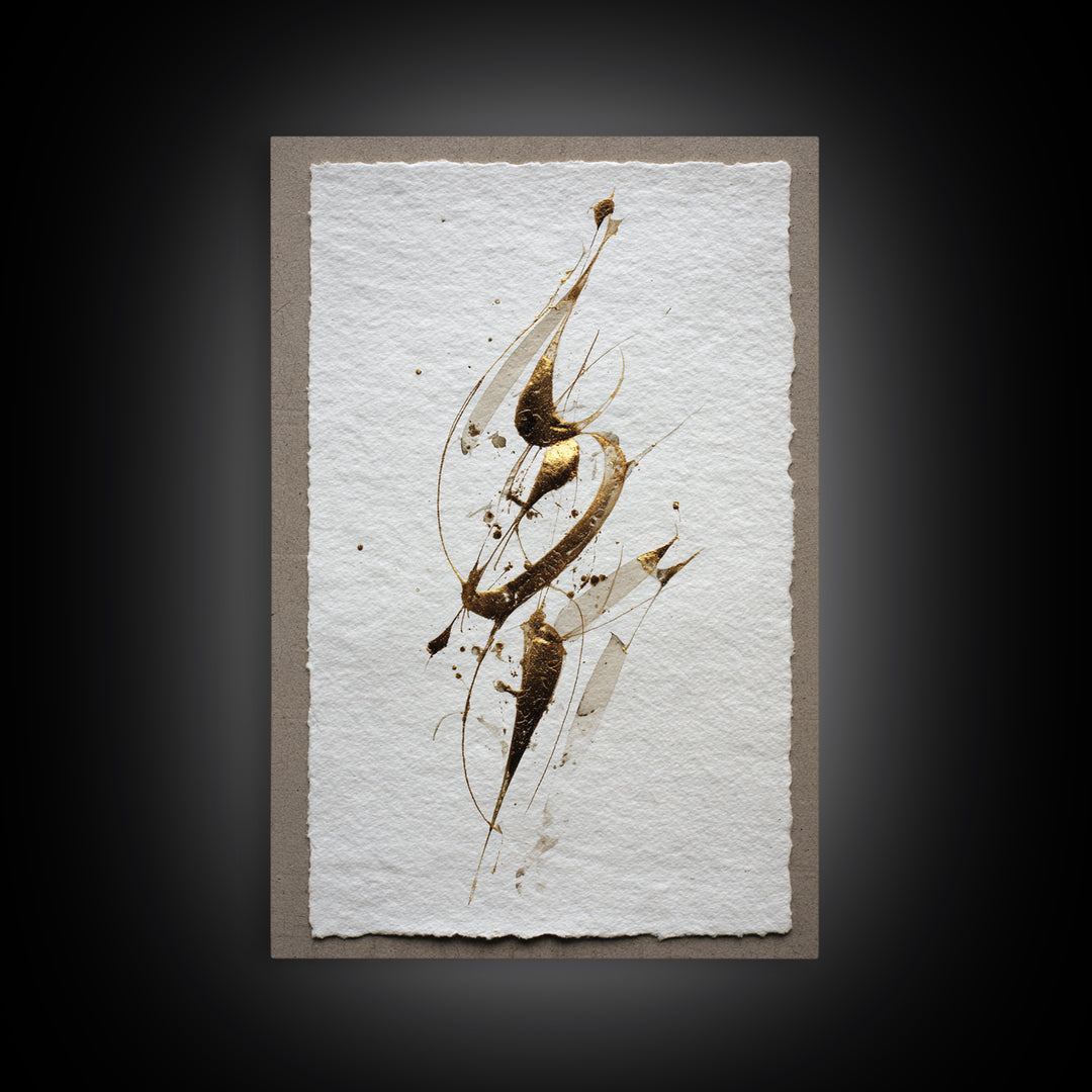 Abstract Gold Calligraphic Strokes on Ivory Paper Canvas Print, Calligraphy Art, Luxury Decor, Living Room Decor, Script, CAL-2x3-10
