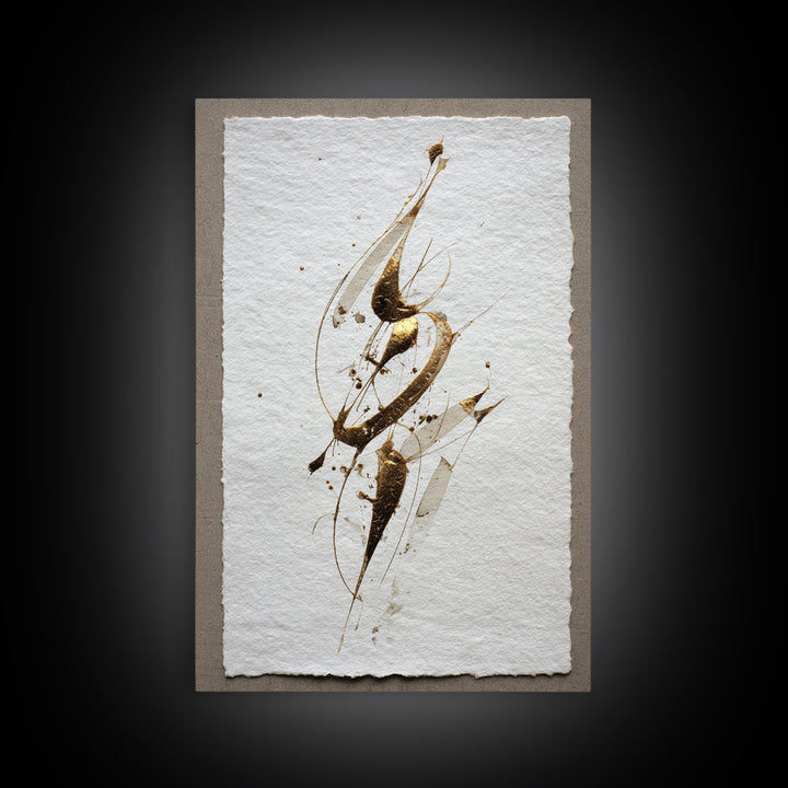 Abstract Gold Calligraphic Strokes on Ivory Paper Canvas Print, Calligraphy Art, Luxury Decor, Living Room Decor, Script, CAL-2x3-10