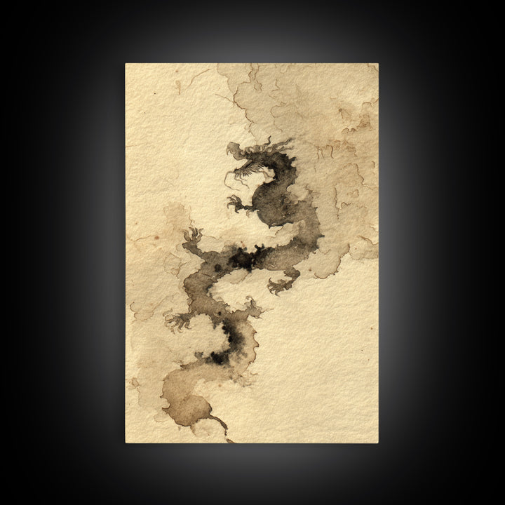 Ink Wash Dragon Curve Framed Canvas Print, Calligraphy Art, Painting, Living Room Decor, Fine Art, Script, Japanese Art, CAL-2x3-17