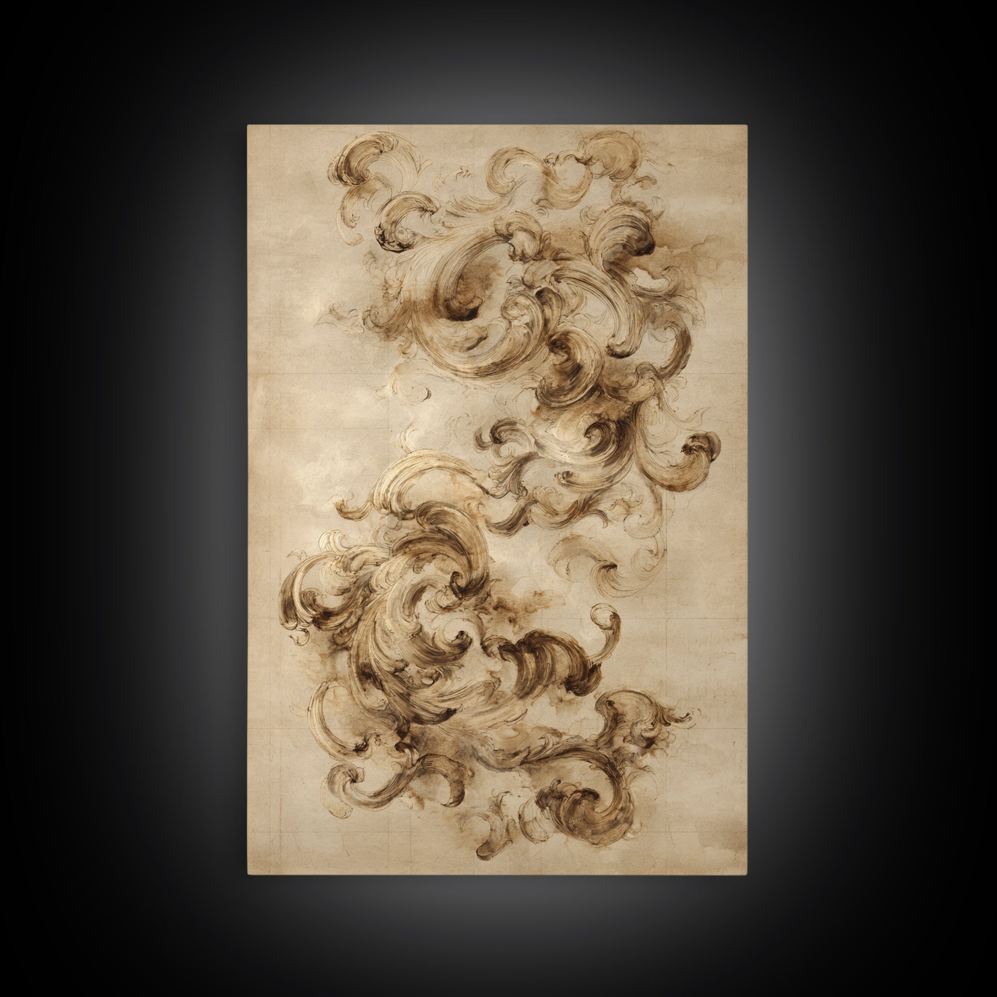 Baroque Scrollwork Made from Looping Pen Strokes Framed Canvas Print, Calligraphy Art, Prints, Living Room Decor, Script, CAL-2x3-20