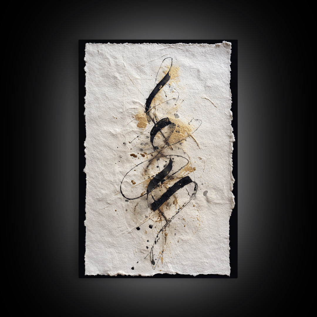 Gold Leaf Calligraphic Spiral on Plaster Surface Canvas Print, Calligraphy Art, Textured Painting, Living Room Decor, Script, CAL-2x3-22