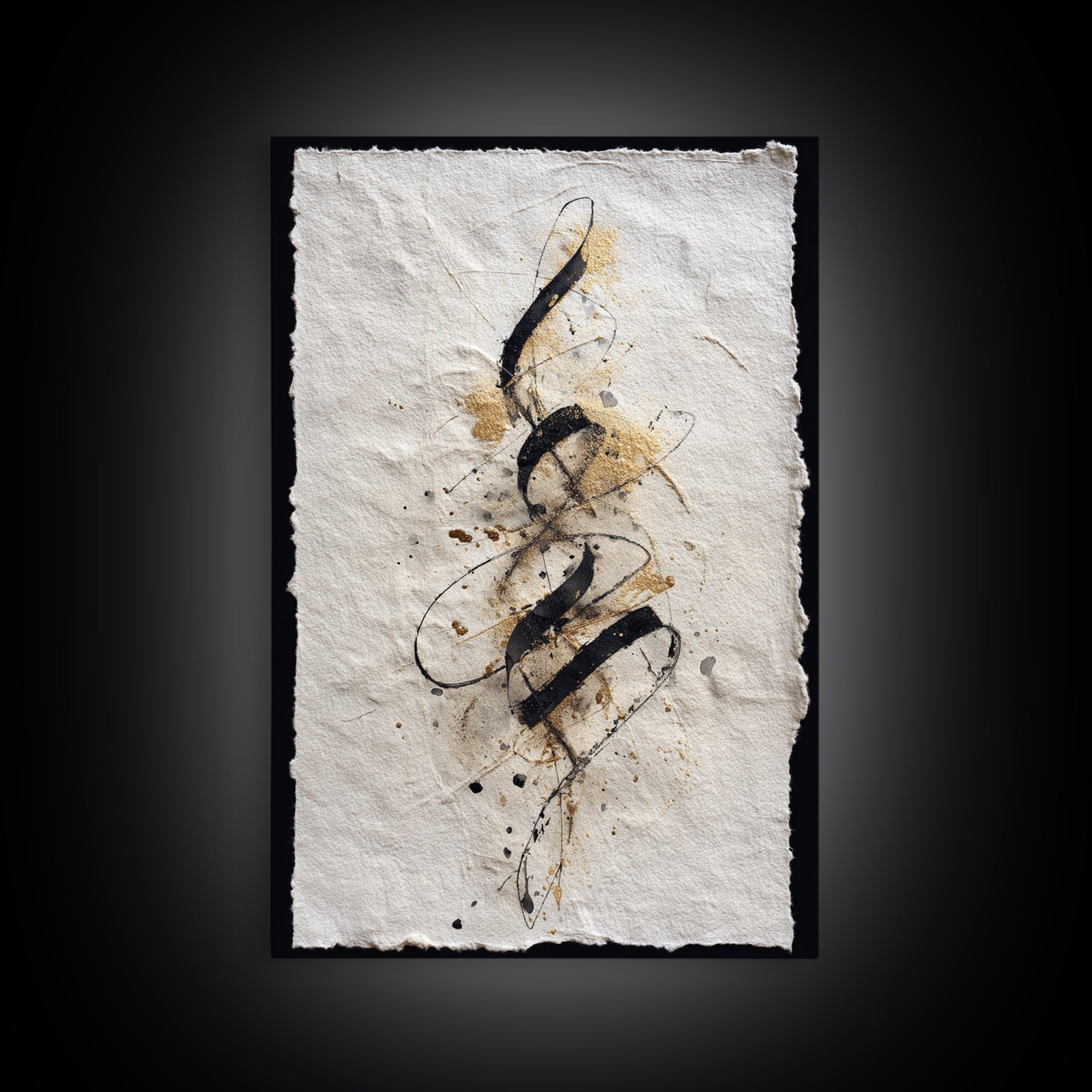 Gold Leaf Calligraphic Spiral on Plaster Surface Canvas Print, Calligraphy Art, Textured Painting, Living Room Decor, Script, CAL-2x3-22