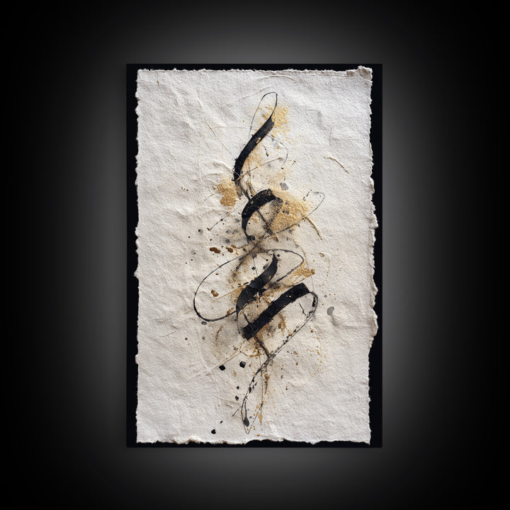 Gold Leaf Calligraphic Spiral on Plaster Surface Canvas Print, Calligraphy Art, Textured Painting, Living Room Decor, Script, CAL-2x3-22