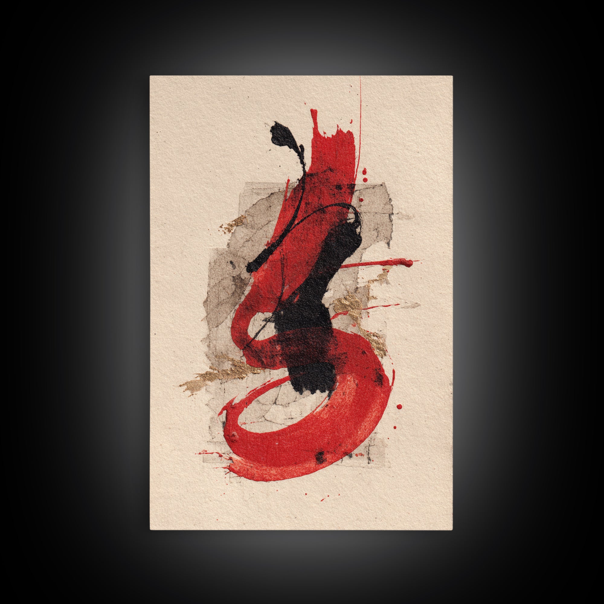 Bold Red Brushstroke Seal Abstraction Framed Canvas Print, Calligraphy Art, Watercolor Print, Living Room Decor, Script, CAL-2x3-3