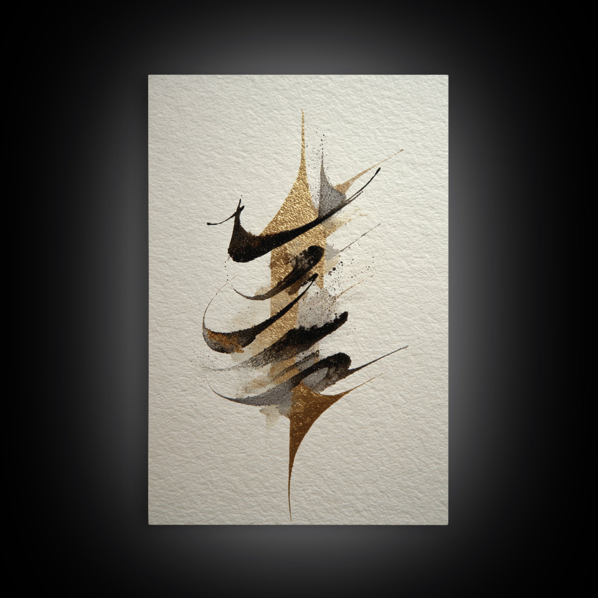 Abstract Gold Calligraphic Strokes on Ivory Paper Canvas Print, Calligraphy Art, Contemporary Art, Living Room Decor, Script, CAL-2x3-34