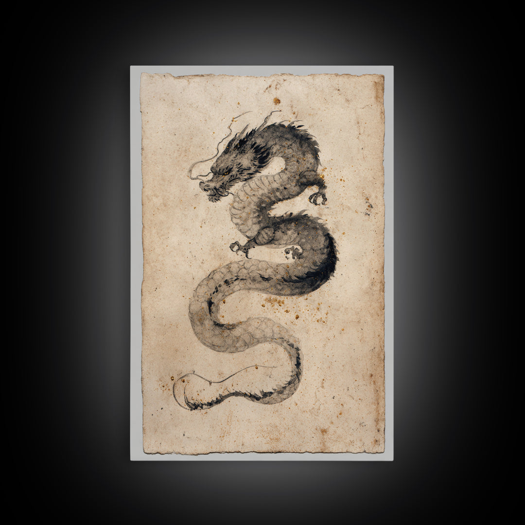 Ink Wash Dragon Curve Framed Canvas Print, Calligraphy Art, Painting, Living Room Decor, Fine Art, Script, Japanese Art, CAL-2x3-41