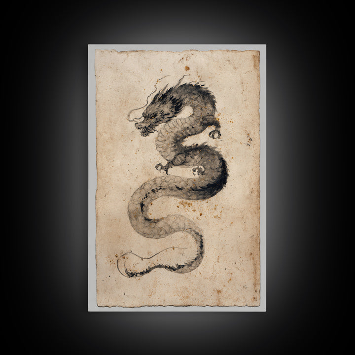 Ink Wash Dragon Curve Framed Canvas Print, Calligraphy Art, Painting, Living Room Decor, Fine Art, Script, Japanese Art, CAL-2x3-41