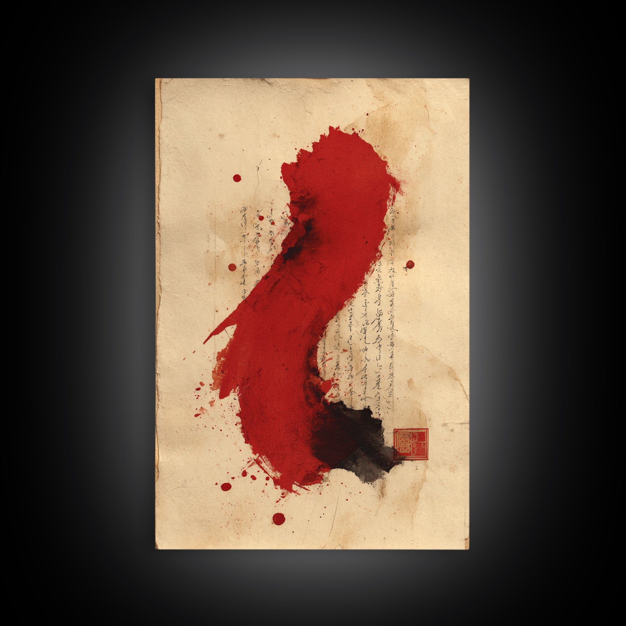 Bold Red Brushstroke Seal Abstraction Framed Canvas Print, Calligraphy Art, Room Decor, Living Room Decor, Fine Art, Script, CAL-2x3-51