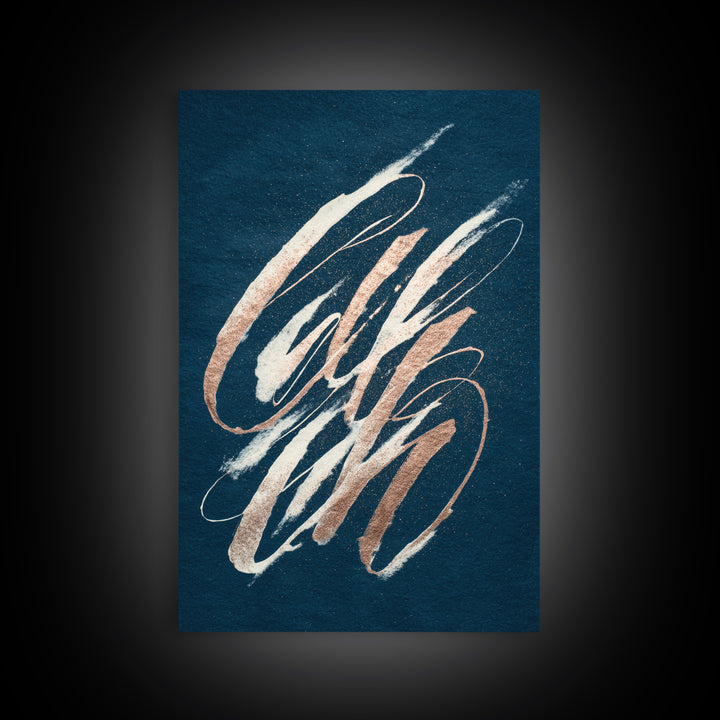 Layered Copper Ink Strokes on Dark Navy Canvas Print, Calligraphy Art, Prints, Living Room Decor, Script, Bedroom Wall Decor, CAL-2x3-62